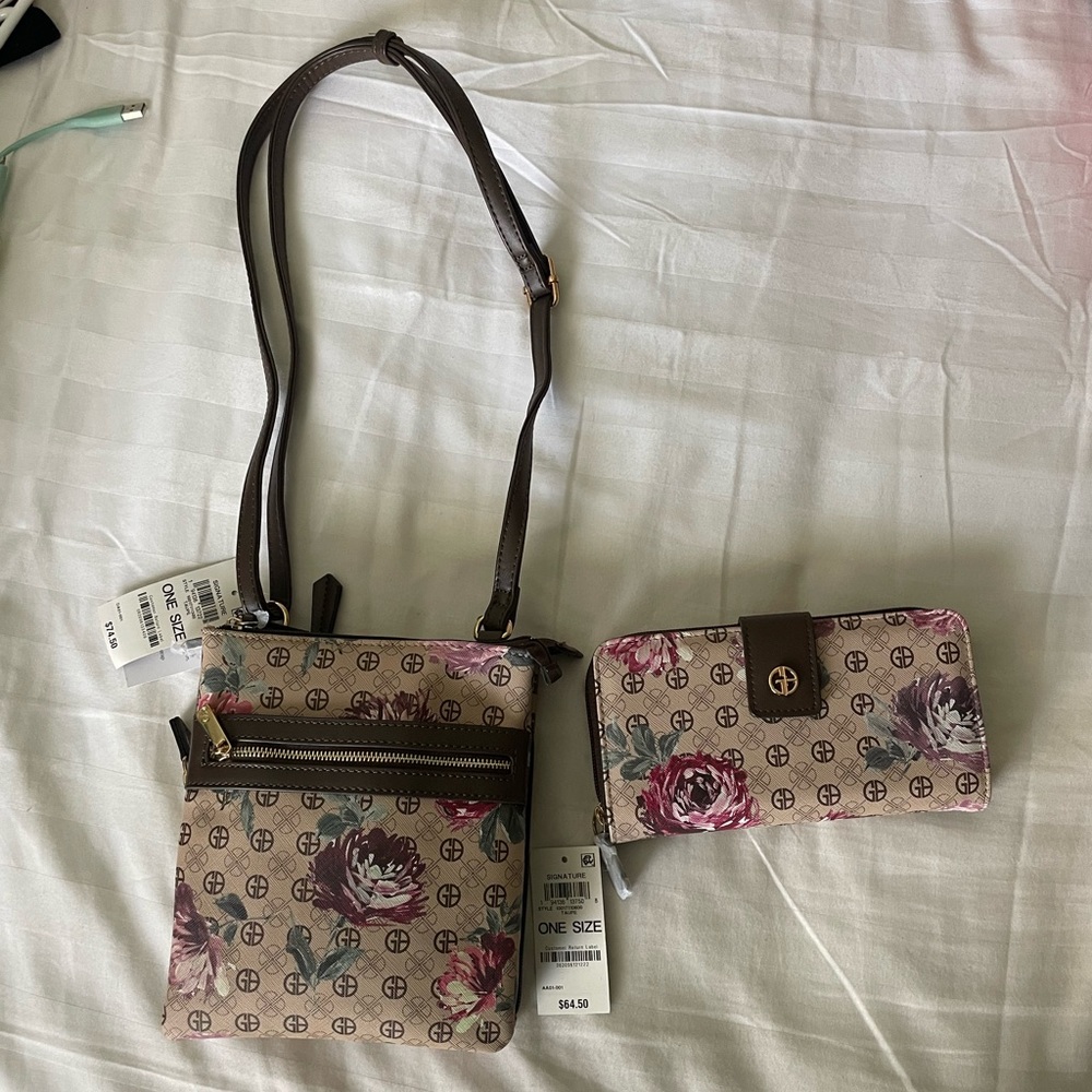 Giani Bernini Taupe Floral Crossbody Bag & Wallet